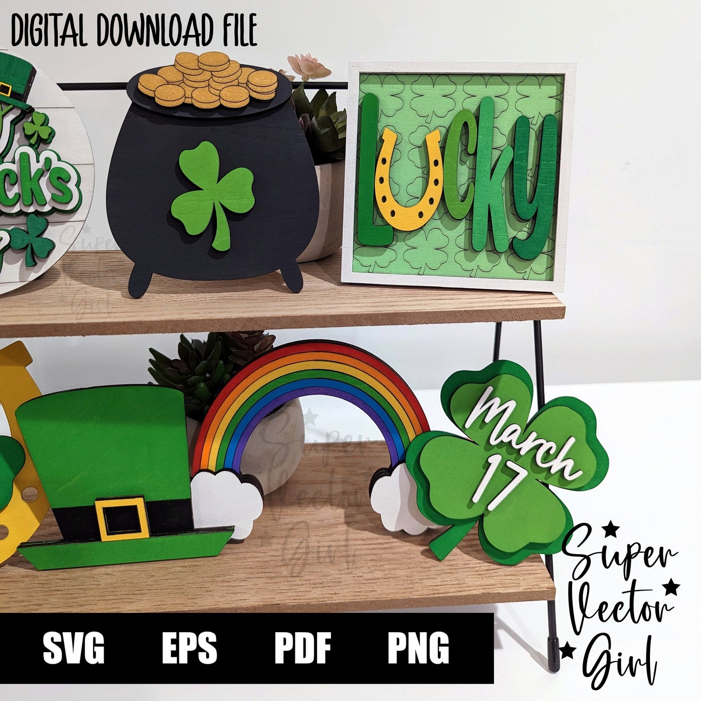 St. Patrick’s Day Tiered Tray Decor Bundle, St Patty’s Day Decoration, SVG, Laser Cut File, xTool Glowforge files, leprechaun, rainbow pot of gold