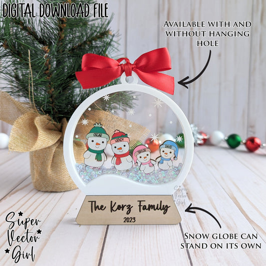 Snow Globe Shaker Snowman Family with Pets, Christmas Ornament up to 10 People, SVG, Laser Cut File, Dog Cat, Personalized Name