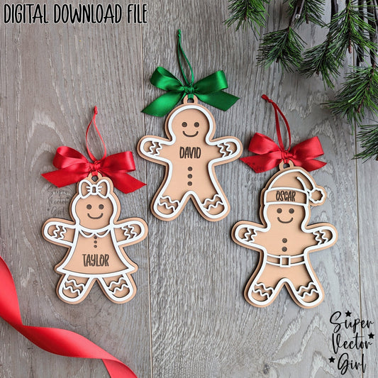 Gingerbread Man Christmas Ornament, SVG, Laser Cut File, Custom Name Personalized, xTool Glowforge files, Gingerbread Girl Boy People, Santa Gift Tag