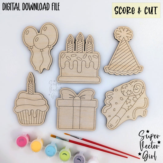 Birthday Party DIY Paint Kit Set, SVG, Score & Cut, Laser Cut File, xTool Glowforge files, Celebration, Cupcake Cake Candles kid coloring craft