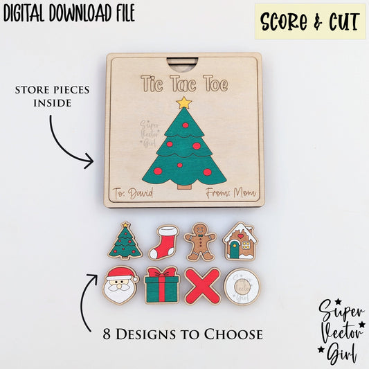 Tic Tac Toe Game with Box Lid, Christmas, SVG, Digital Laser Cut File, Stocking Stuffer, Gift Filler, Present, Board Game Kids Game