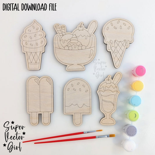Ice Cream DIY Paint Kit Set, SVG, Score & Cut, Laser Cut File, xTool Glowforge files, Birthday Party, summer creams cone sundae kid coloring craft