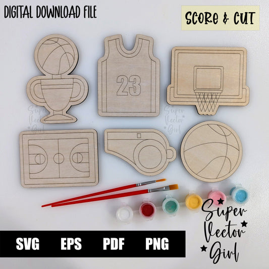 Basketball DIY Paint Kit Set, SVG, Score & Cut, Laser Cut File, xTool Glowforge files, sports, sport, trophy, jersey, hoop, court, kid coloring