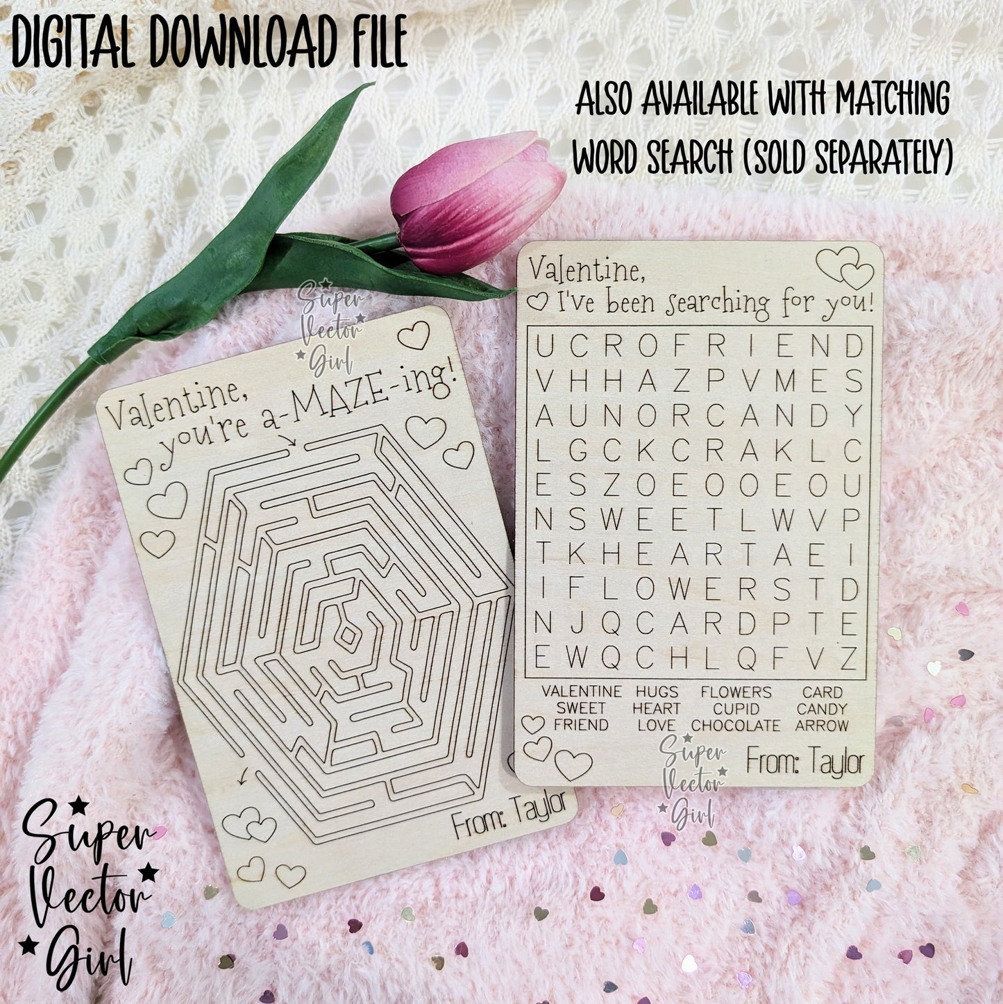 Valentine Maze Card Set SVG Laser Cut File Valentine's Day Score and Cut Wooden Class Valentines Mazes Personalized xTool Glowforge files