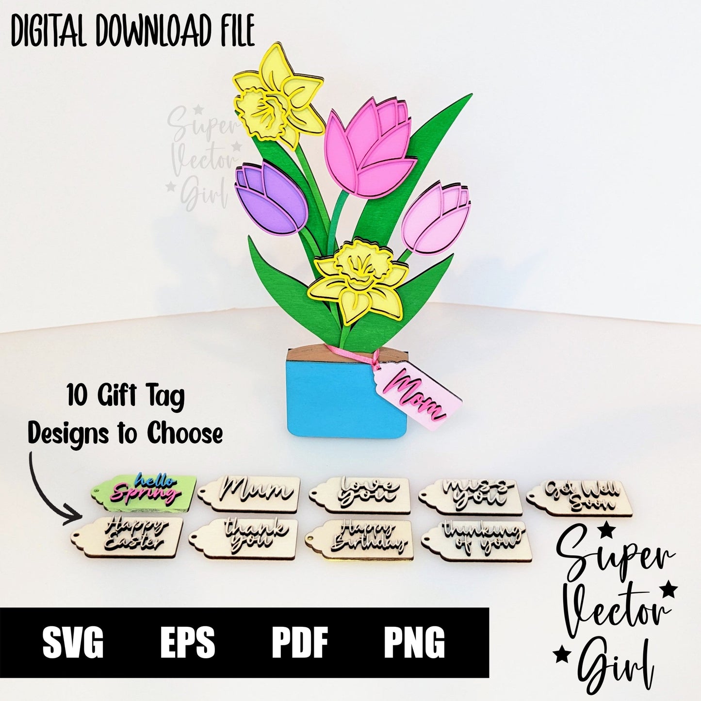 Spring Flower Pot, Laser Cut File, SVG, Mother's Day Flowers, Mom, Tulips Daffodils, Easter, xTool Glowforge files, bouquet decoration centerpiece vase