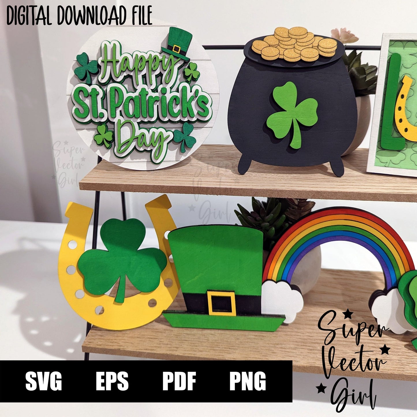 St. Patrick’s Day Tiered Tray Decor Bundle, St Patty’s Day Decoration, SVG, Laser Cut File, xTool Glowforge files, leprechaun, rainbow pot of gold