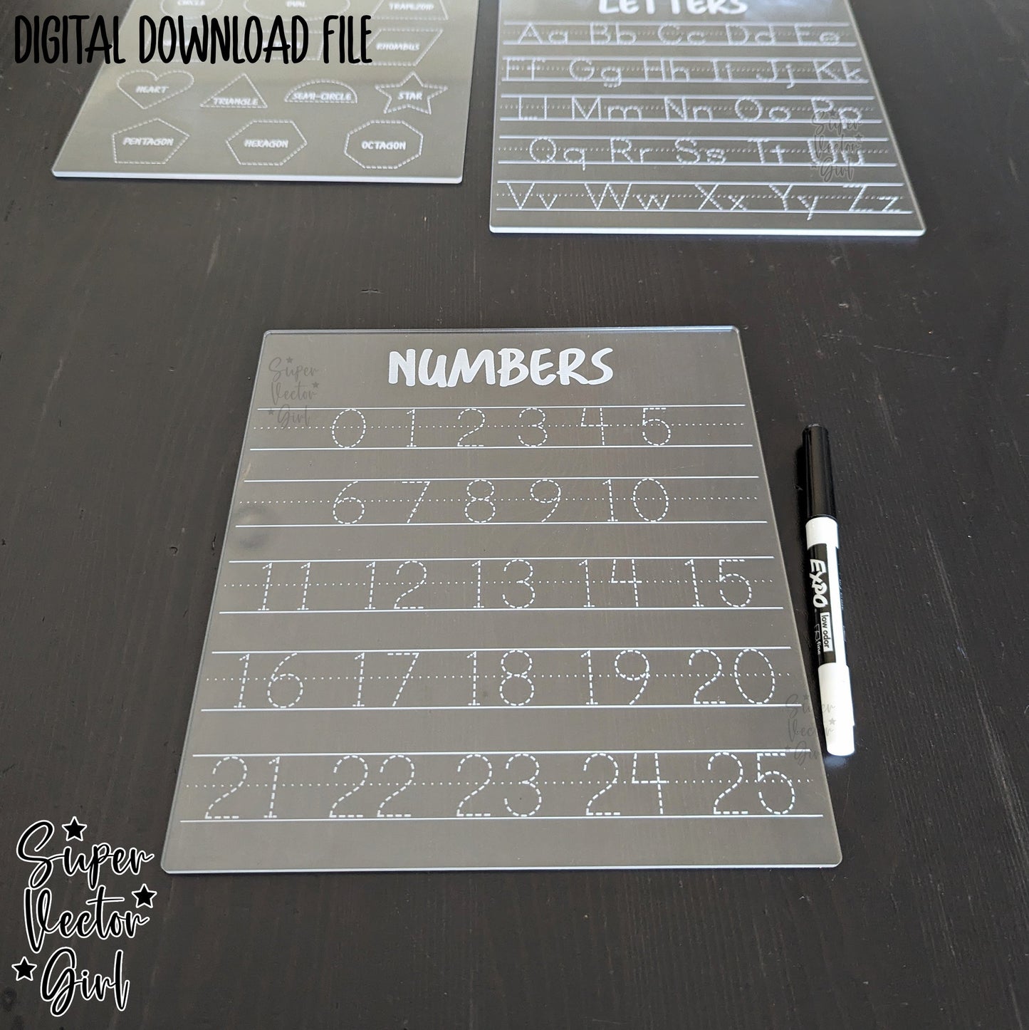 Tracing Boards Bundle Set, SVG Digital Laser Cut File, xTool Glowforge files, Educational Dry Erase Letters Numbers Shapes Tracing Board Reusable