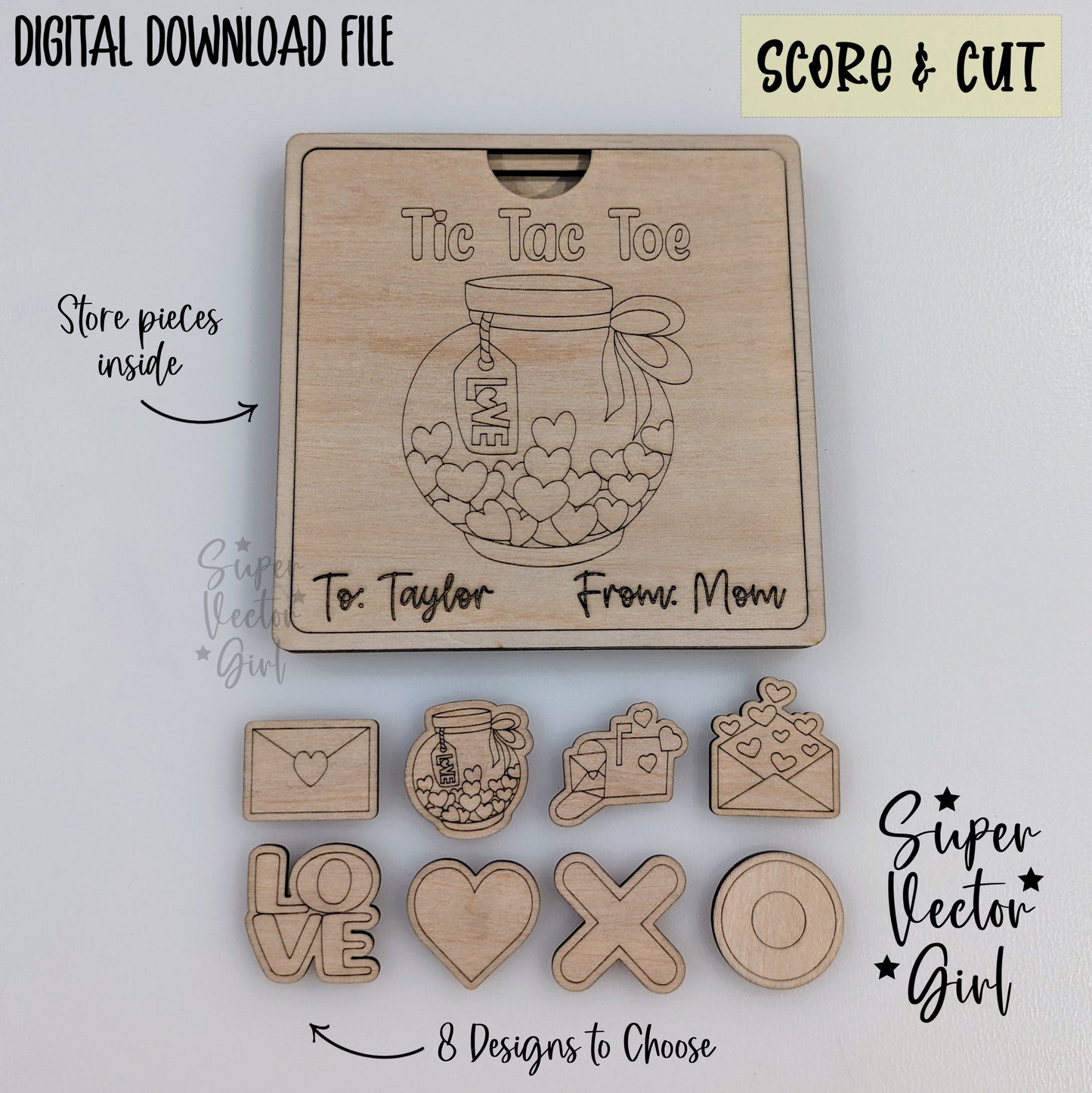 Tic Tac Toe Game with Box Lid, Valentine's Day, Anniversary, SVG, Digital Laser Cut File, xTool Glowforge files, Laser Cut Files, Board Game, Kids Game