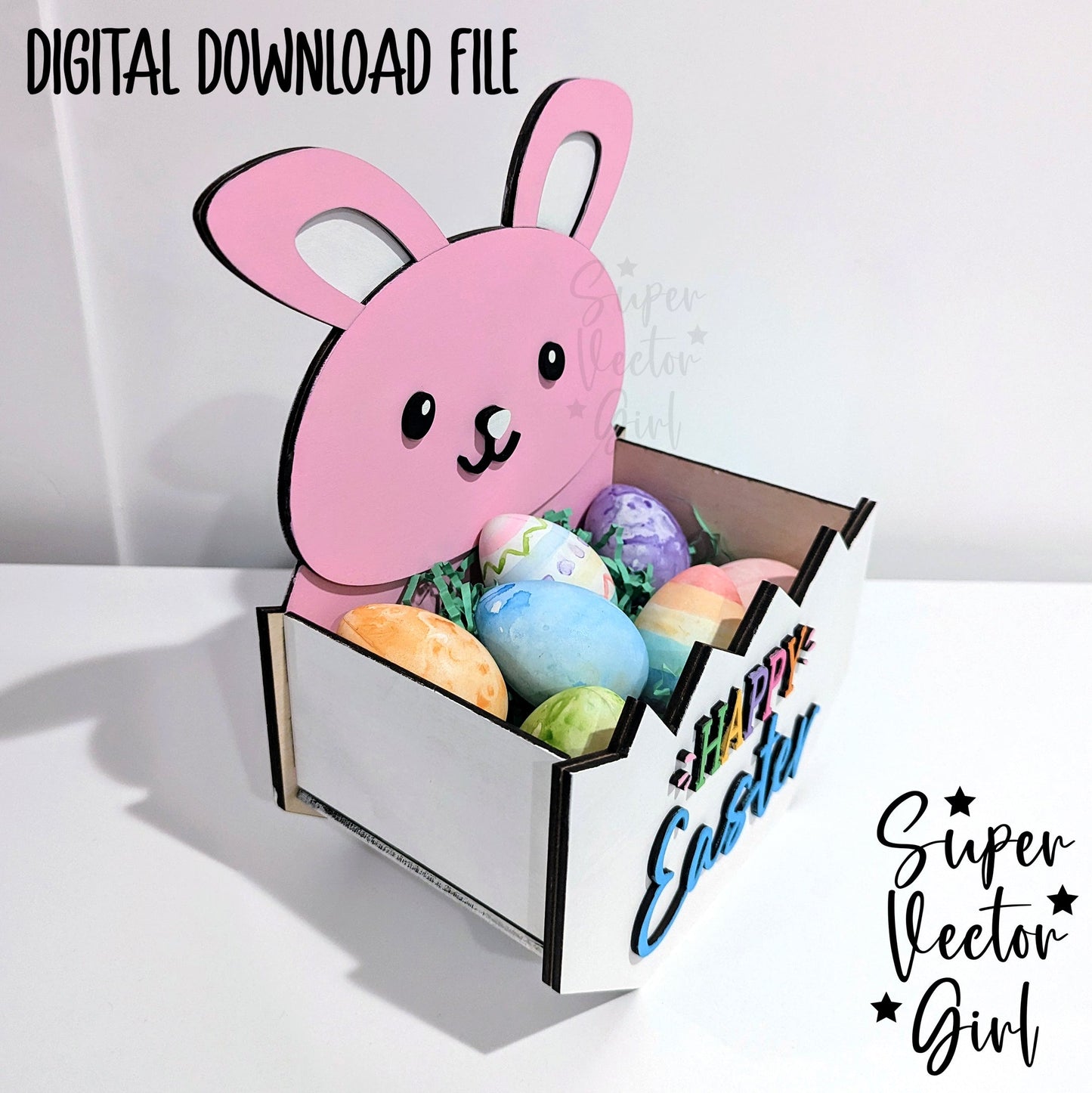 Bunny Only Easter Basket Crate, Easter Treats Box, SVG, Laser Cut File, xTool Glowforge files, Cute rabbit in egg, gift box, hatching, spring storage