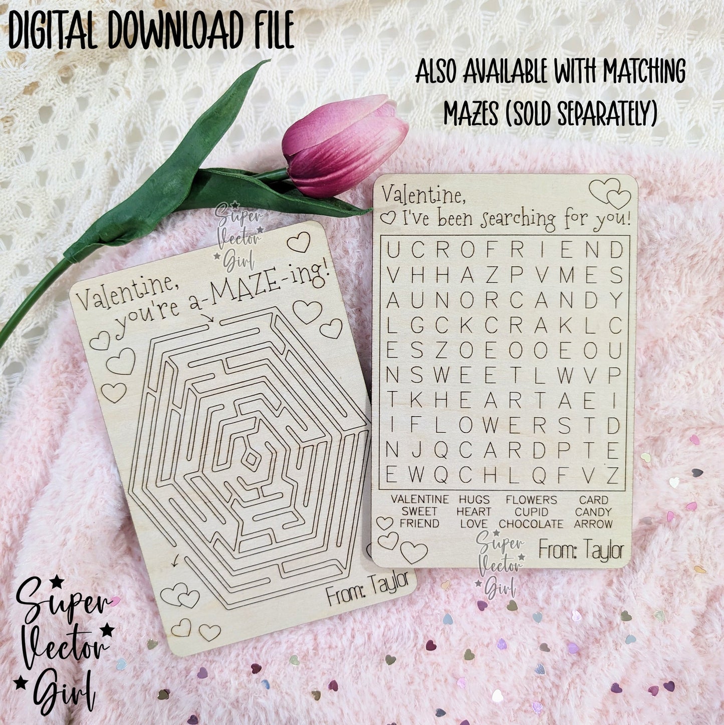 Valentine Word Search Card Set SVG Laser Cut File Valentine's Day Score and Cut Wooden Class Valentines Word Searches xTool Glowforge files