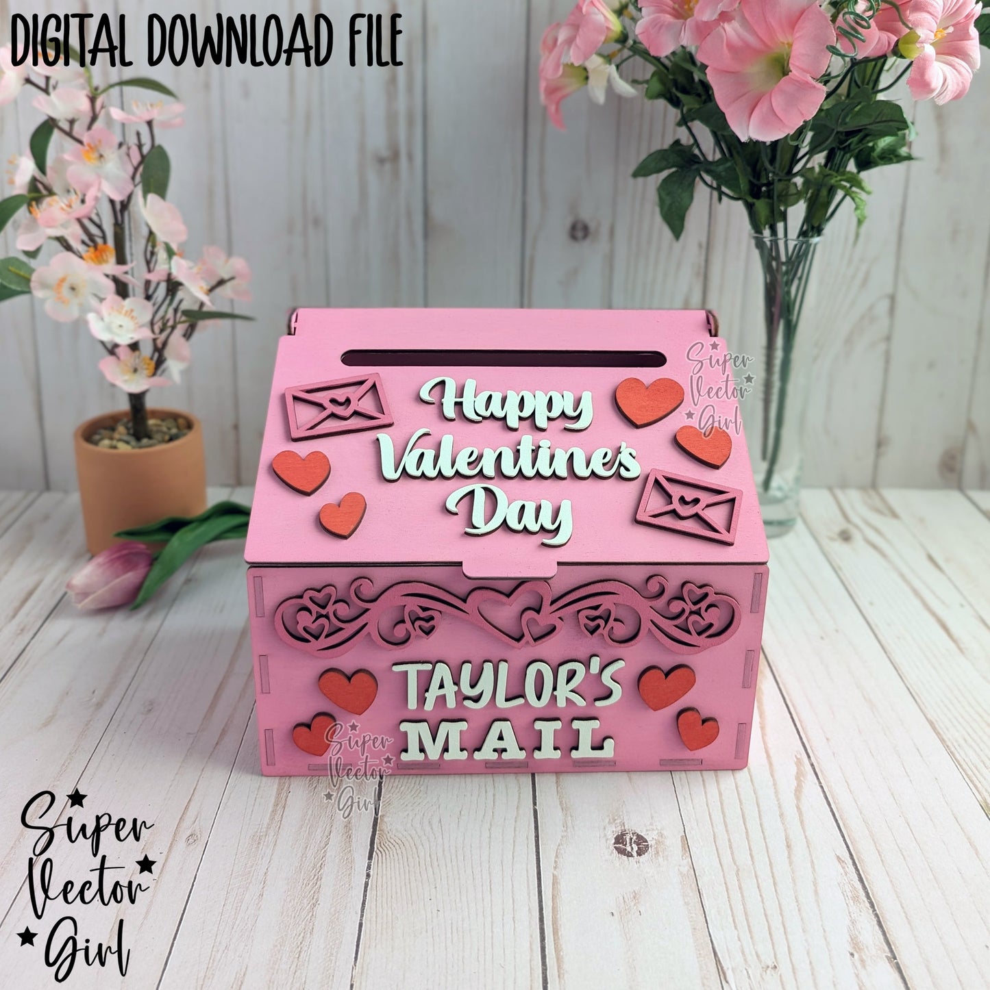 Valentines Day Mailbox for Cards Letters Mail, SVG Laser Cut File, Valentine's Kids DIY Paint Kit, Valentine Love Post Box, xTool Glowforge files