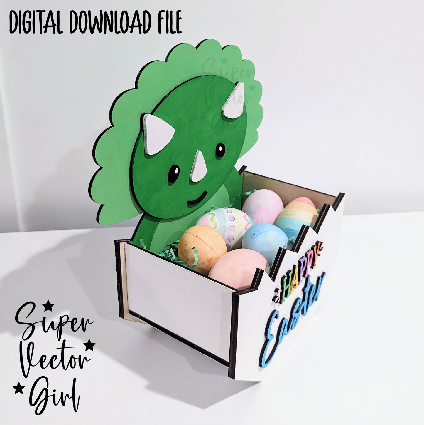 Dinosaur Only Easter Basket Crate, Easter Treats Box, SVG Laser Cut File, xTool Glowforge files Cute dino in egg triceratops gift box hatching spring