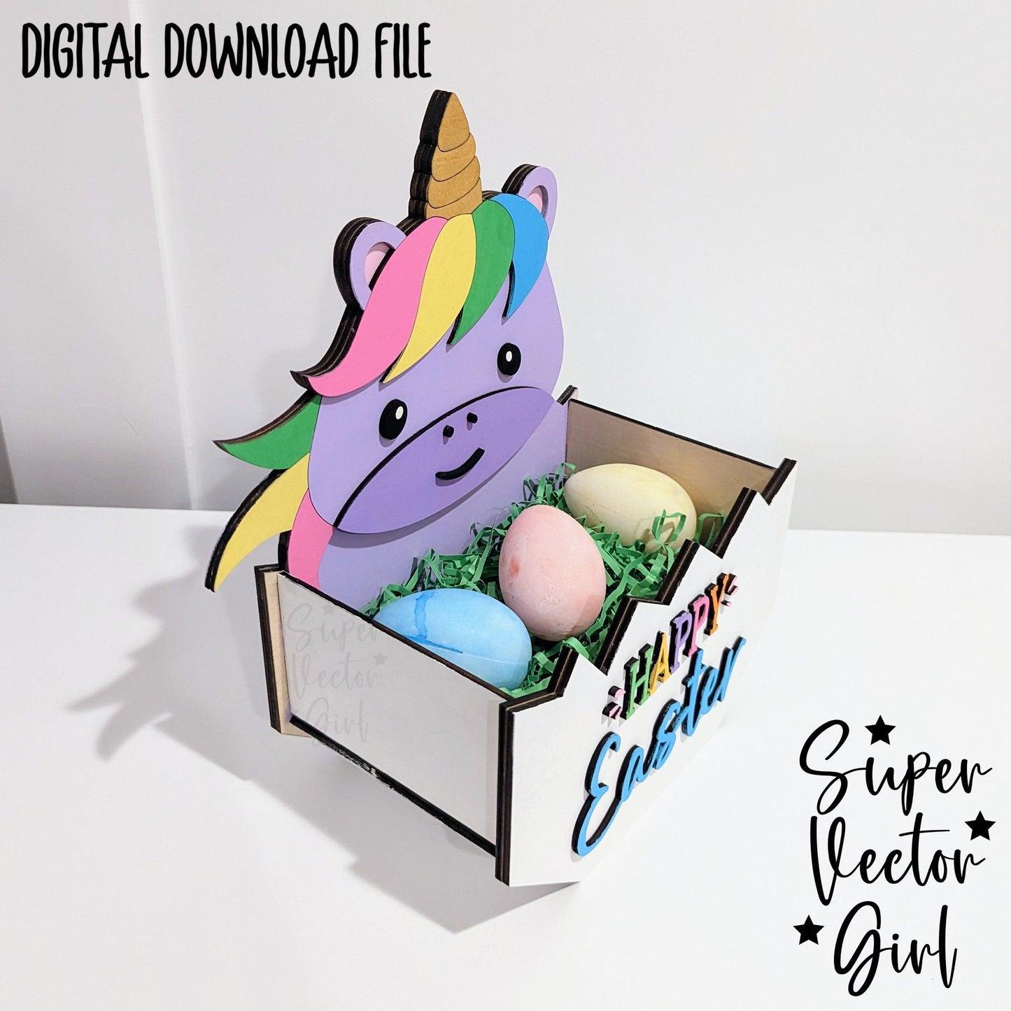 Unicorn Only Easter Basket Crate, Easter Treats Box, SVG Laser Cut File, xTool Glowforge files Cute pony in egg horned horse gift box hatching spring