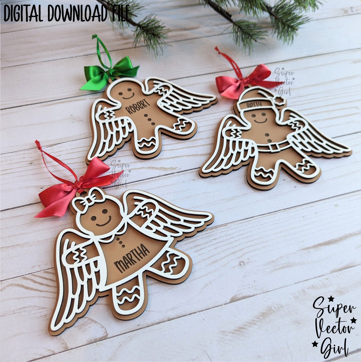 Gingerbread Man with Angel Wings, Christmas Ornament, Personalized Name Memorial, SVG, Laser Cut File, Gingerbread Angels Girl Boy Santa Gift