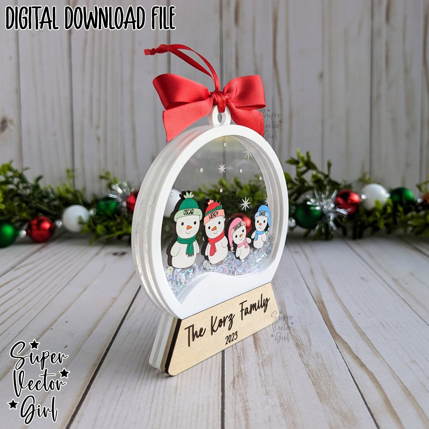 Snow Globe Shaker Snowman Family with Pets, Christmas Ornament up to 10 People, SVG, Laser Cut File, Dog Cat, Personalized Name
