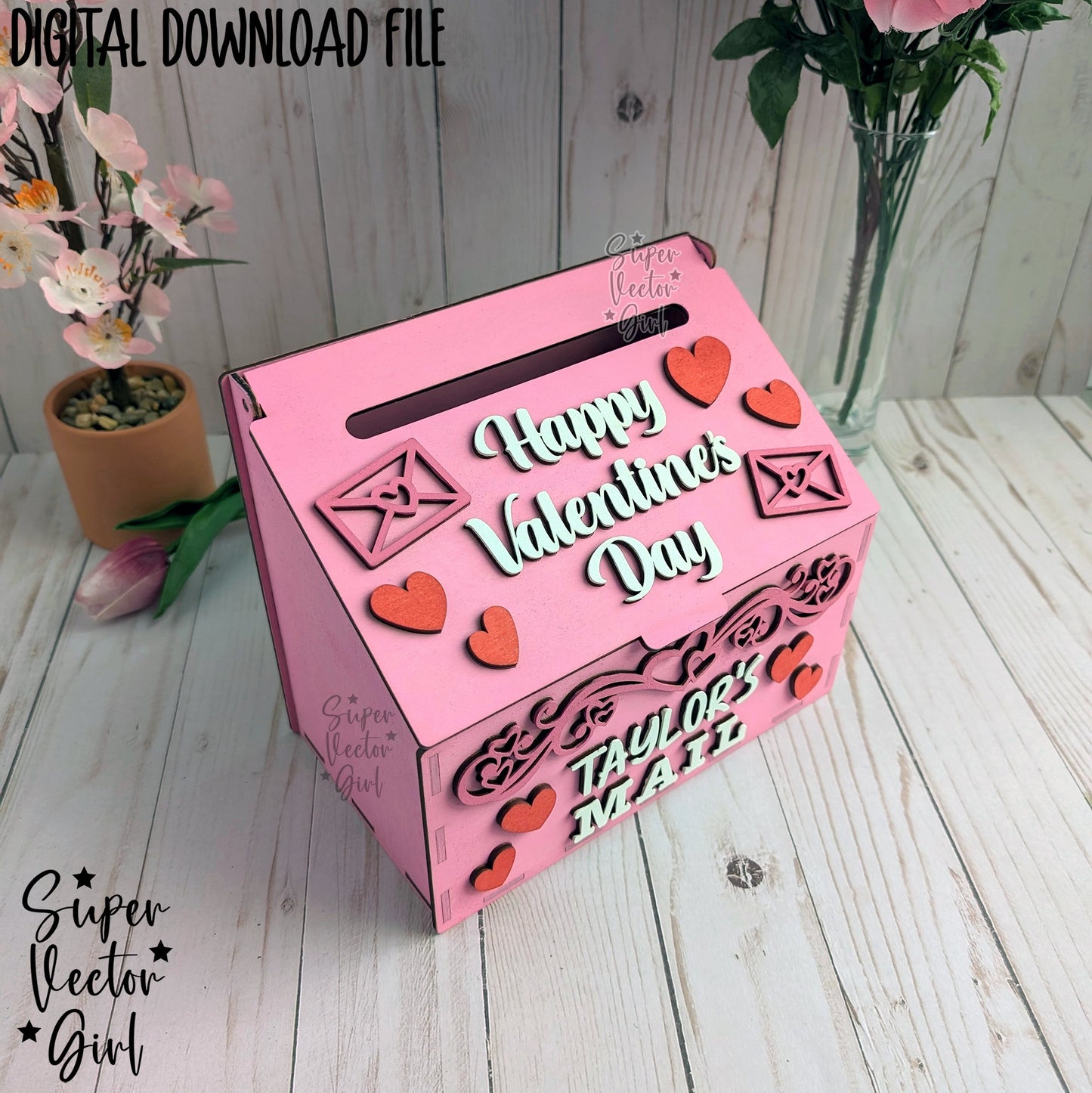 Valentines Day Mailbox for Cards Letters Mail, SVG Laser Cut File, Valentine's Kids DIY Paint Kit, Valentine Love Post Box, xTool Glowforge files