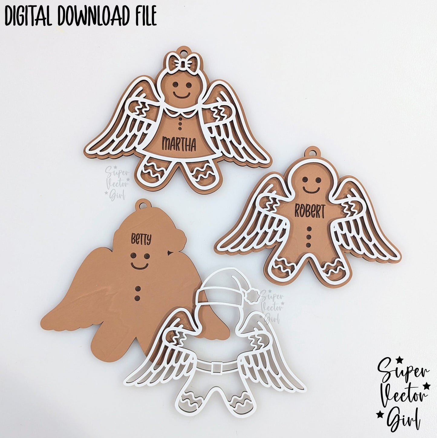 Gingerbread Man with Angel Wings, Christmas Ornament, Personalized Name Memorial, SVG, Laser Cut File, Gingerbread Angels Girl Boy Santa Gift