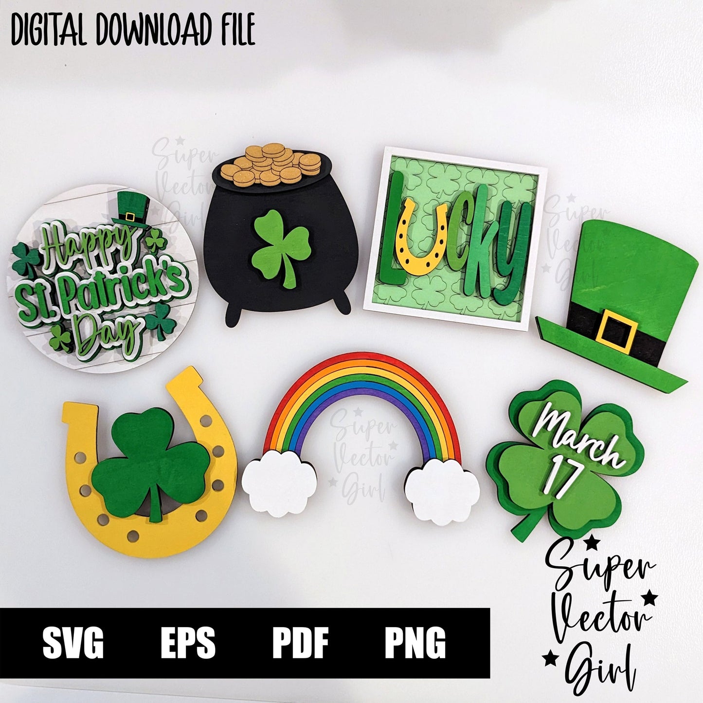 St. Patrick’s Day Tiered Tray Decor Bundle, St Patty’s Day Decoration, SVG, Laser Cut File, xTool Glowforge files, leprechaun, rainbow pot of gold