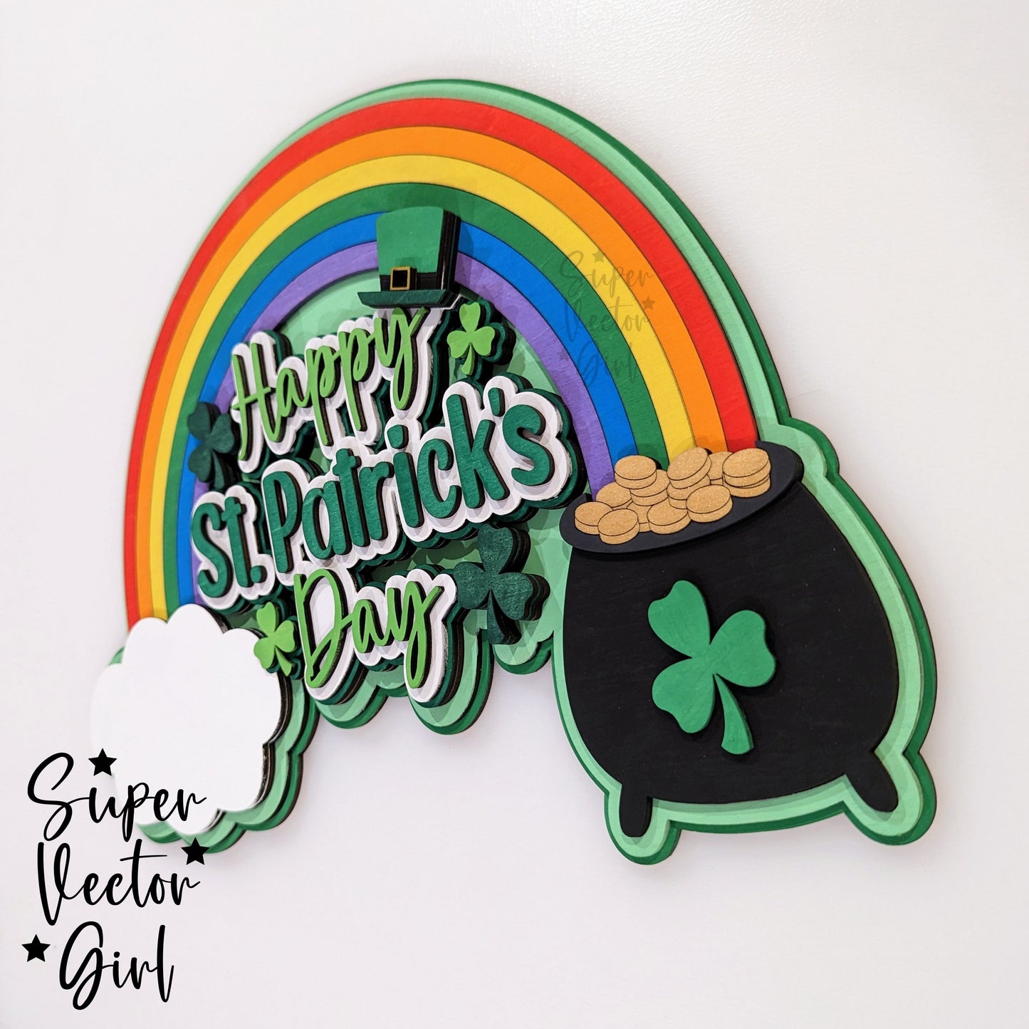 St. Patrick's Day Layered Door Hanger Sign, SVG, Laser Cut File, xTool Glowforge files, Wall Decor, Home Decoration, St Patty Rainbow, pot of gold