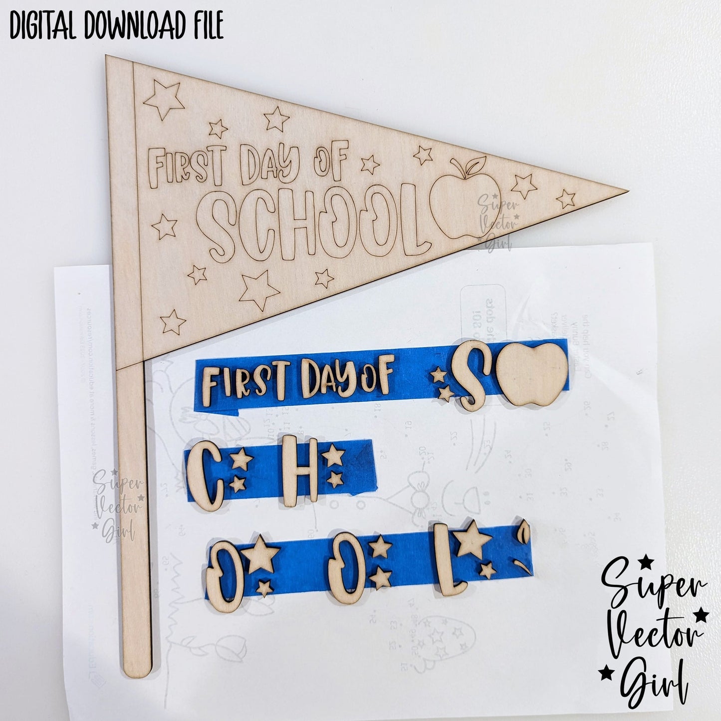 First Day Of School Pennant Flag, Back To School Photo Prop, SVG Laser Cut File, xTool Glowforge files, 1st Day Sign, Kindergarten, Kids, Reuseable