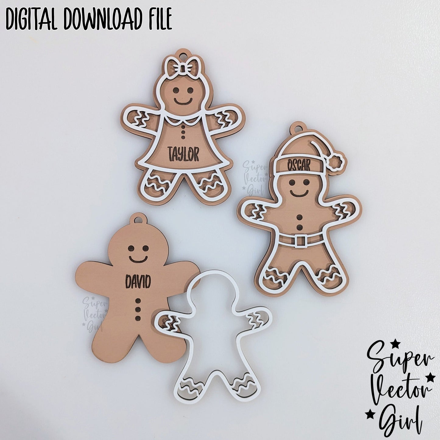 Gingerbread Man Christmas Ornament, SVG, Laser Cut File, Custom Name Personalized, xTool Glowforge files, Gingerbread Girl Boy People, Santa Gift Tag