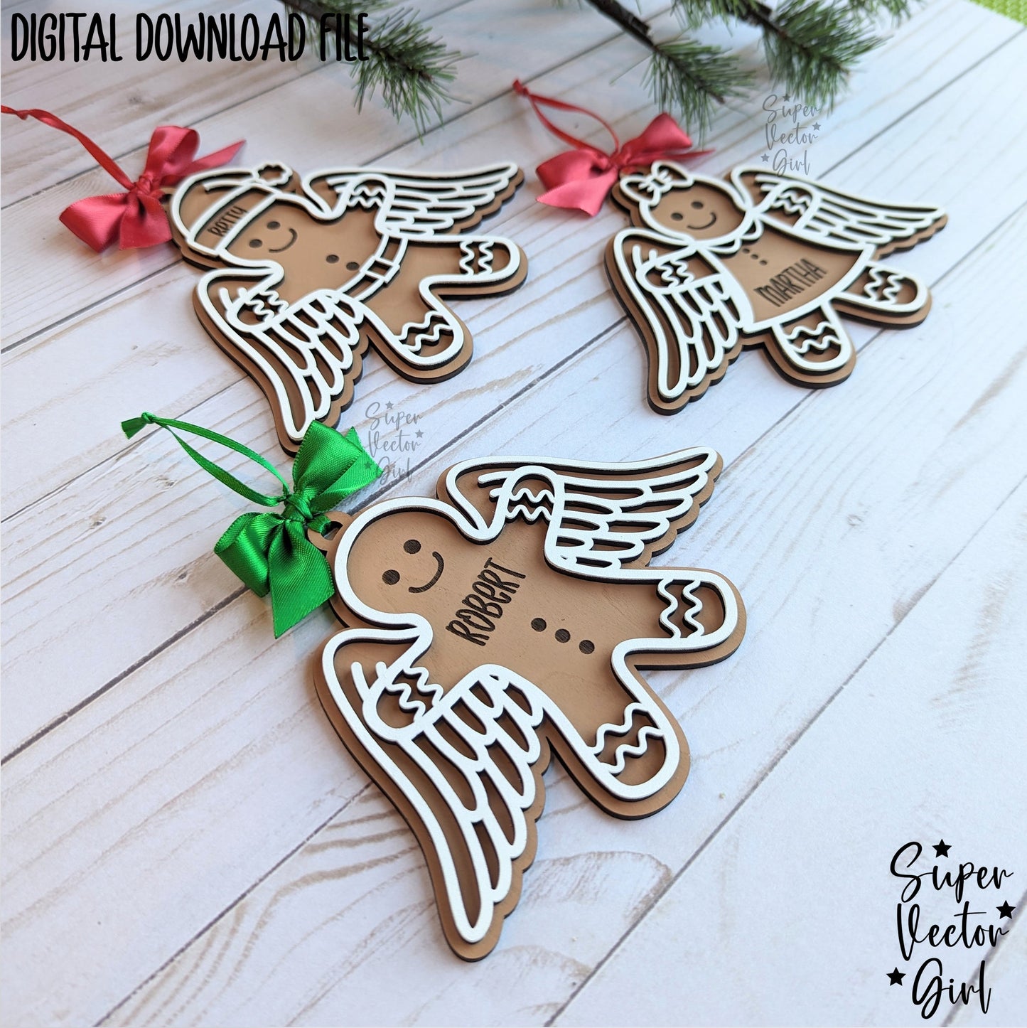 Gingerbread Man with Angel Wings, Christmas Ornament, Personalized Name Memorial, SVG, Laser Cut File, Gingerbread Angels Girl Boy Santa Gift