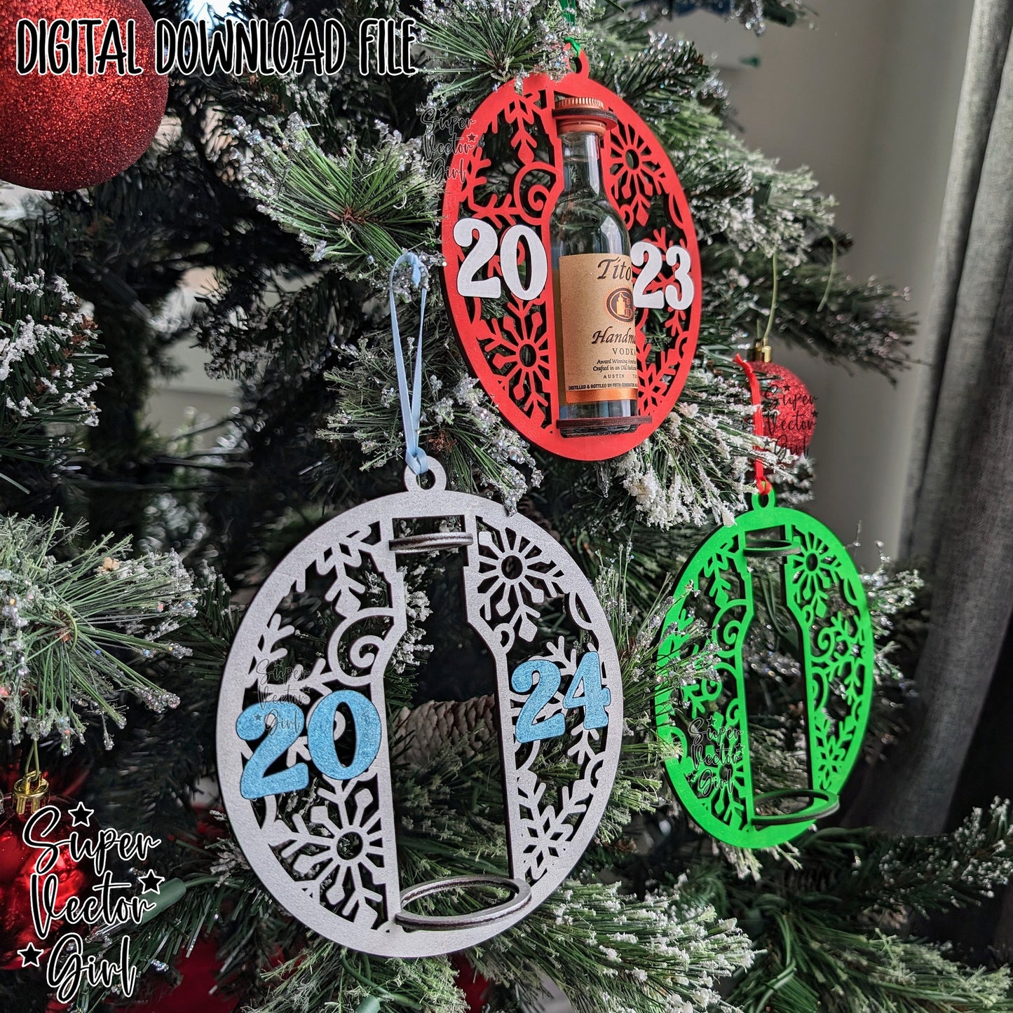 Mini Shooter Christmas New Year Ornament, Compatible with Tito's Booze Bottle Shot, Alcohol 50 ML, Round Liquor Holder, SVG, Digital Laser Cut File, Gift
