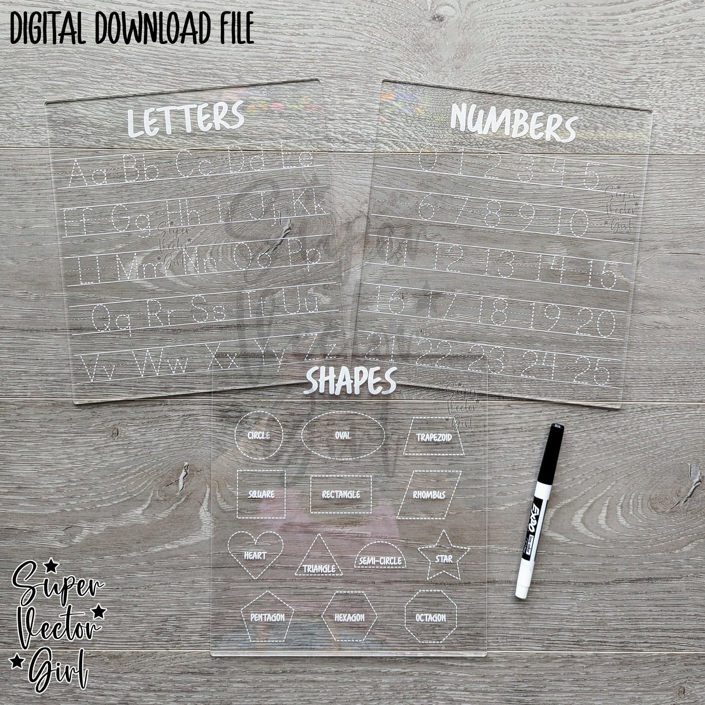 Tracing Boards Bundle Set, SVG Digital Laser Cut File, xTool Glowforge files, Educational Dry Erase Letters Numbers Shapes Tracing Board Reusable