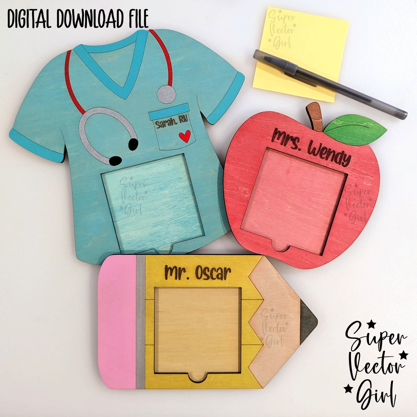 Nurse Scrub Sticky Note Holder SVG File, Personalized Nurse Appreciation Gift, Digital Laser Cut File, xTool Glowforge files, Custom Name Post It Notes