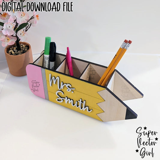 Pencil Organizer SVG File, Personalized Teacher Appreciation Gift, Digital Laser Cut File, Desk Pen Holder, Storage Cup, xTool Glowforge files, Custom Name