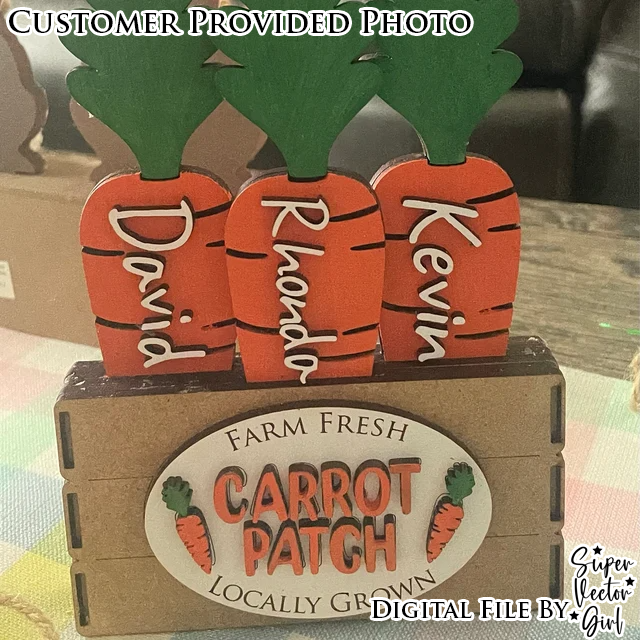 Family Carrot Patch SVG, Shelf Sitter, Easter, Laser Cut File, xTool Glowforge files, Cute Carrots, Basket, Tiered Tray, Custom Name Decoration Home Decor