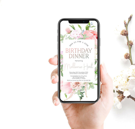 Editable Floral Birthday Dinner Invitation - Instant Download