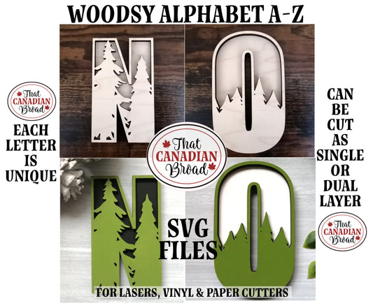 Alphabet, A-Z, Woodsy theme, 2 layer, SVG files, laser, cardstock, vinyl cutting