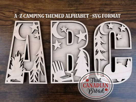 Alphabet, A-Z, Camping theme, SVG file, laser cutting file,