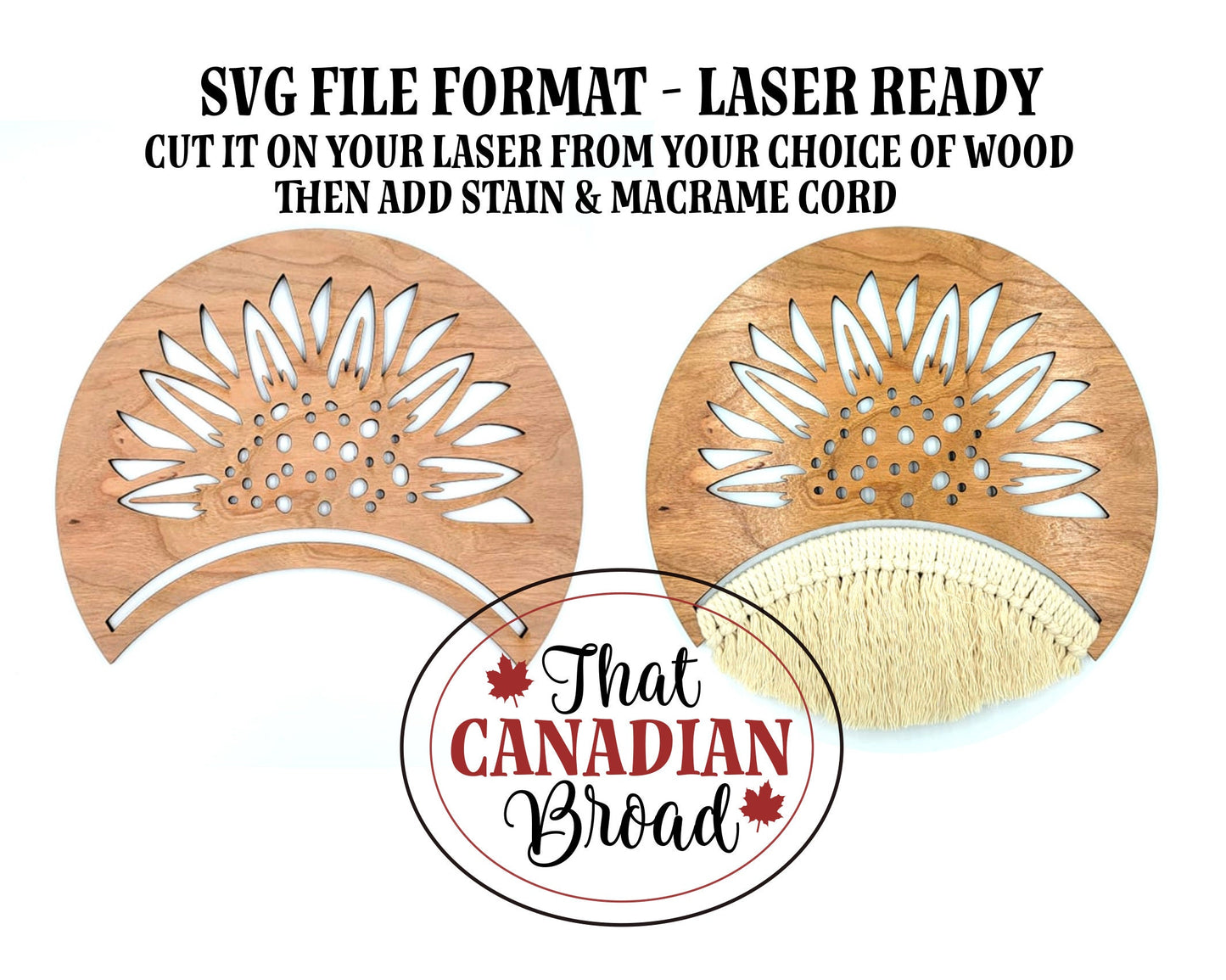 Sunflower Wood and Macrame Hanging, SVG file for laser