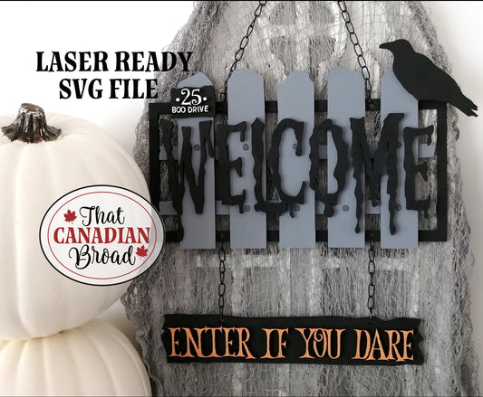 HALLOWEEN Welcome Fence Sign with crow, LASER FILE, SVG format