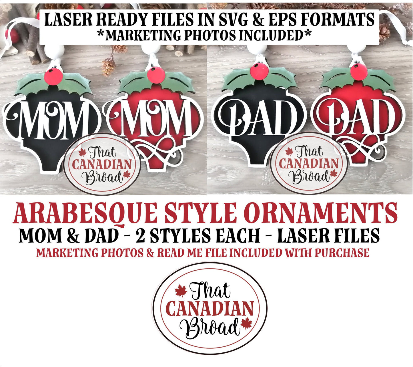 Mom & Dad Arabesque Ornaments, FOUR DESIGNS, layered, laser svg files