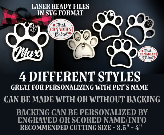 Pet Paw Ornament 4 styles, 1 or 2 layer, laser svg file