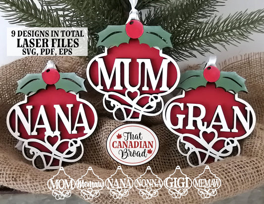 Arabesque Ornaments Matriarch Bundle, files for lasers, EIGHT Plus 1 bonus, Mom, Mum, Gran, Nana, laser files, ornaments