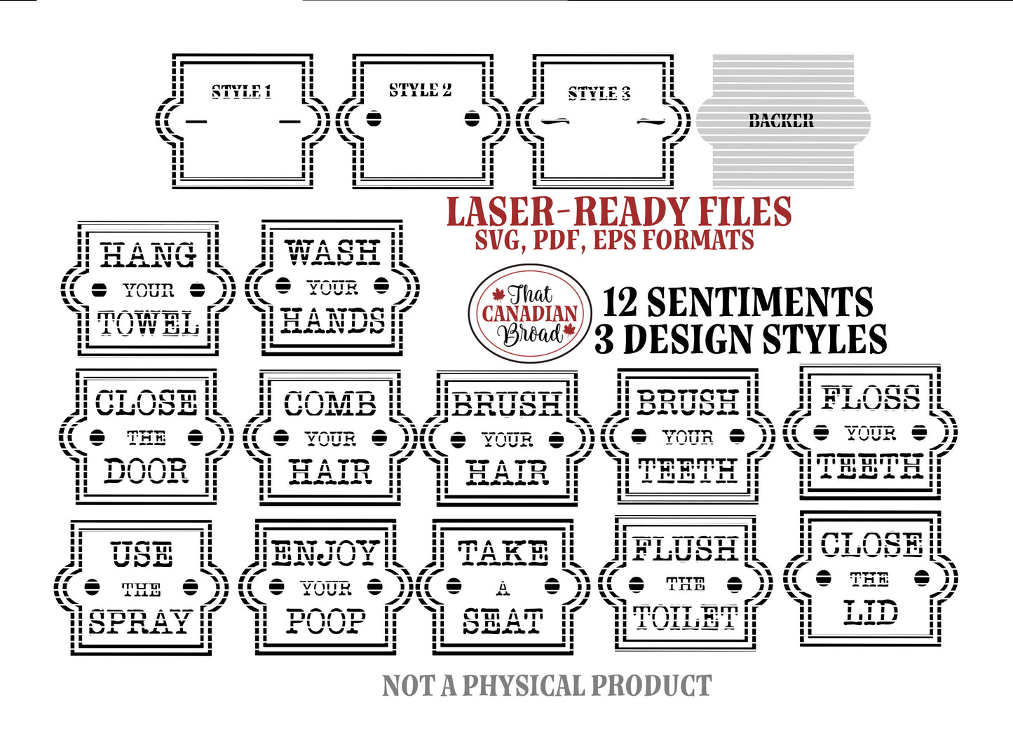 Bathroom Signs VOL. 1, TWELVE DESIGNS , 3 styles, laser files, digital files,