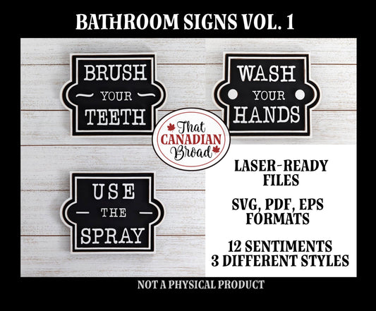 Bathroom Signs VOL. 1, TWELVE DESIGNS , 3 styles, laser files, digital files,