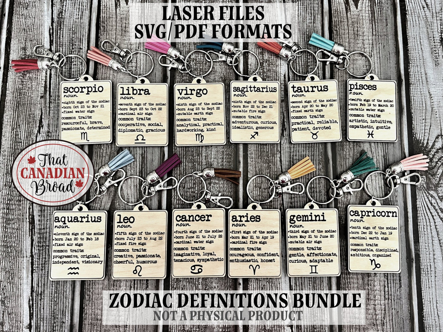 Zodiac Sign Definitions Keychains, laser file,  digital file only, svg and pdf files