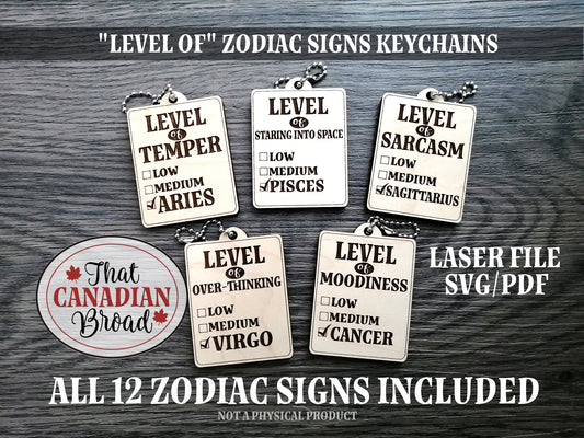 LEVEL OF Zodiac Keychains, laser file,  digital file only, svg and pdf files