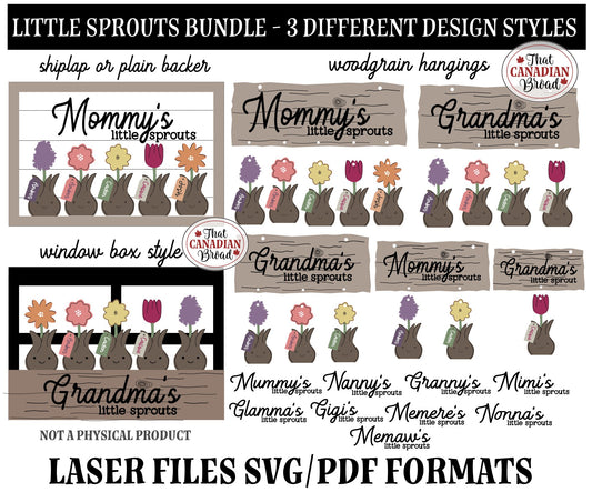 Little Sprouts Sign Bundle, 3 styles, 11 words for mom and grandma, laser files, SVG & PDF