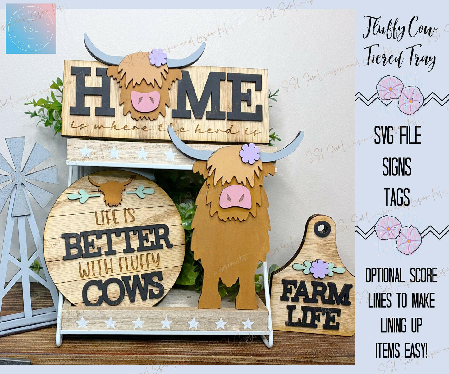 Highland Cows Tiered Tray Cut File, Highland Cows Cut File, Fluffy Cows Tiered Tray SVG Cut, Fluffy Cows SVG, Fluffy Cows Laser Cut File