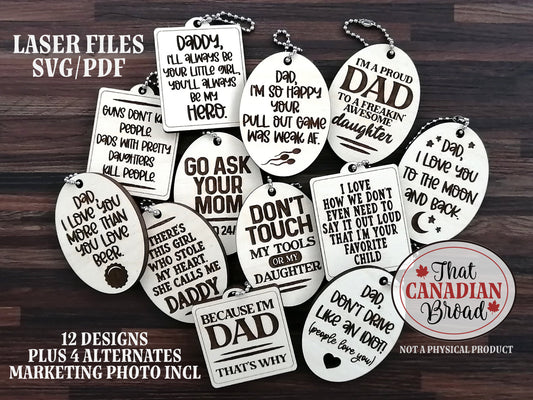 Keychains For Dad, 12 designs, 4 alternates, laser file,  digital file only, svg & pdf files