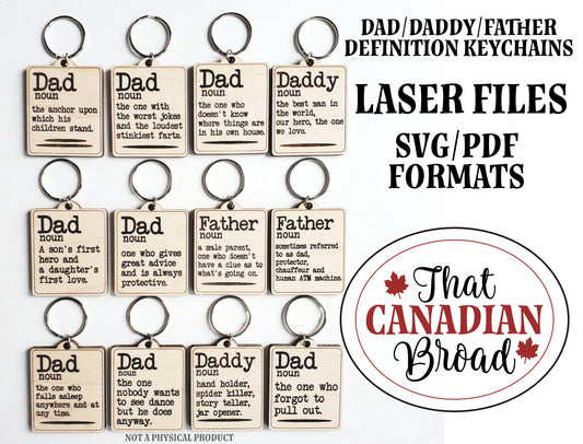 Keychains for Dad, Daddy, Father, Definitions, 12 designs, Digital laser file, svg & pdf formats