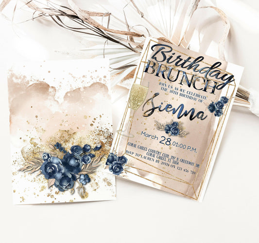 Blue & Gold Floral Any Age Birthday Invitation - Editable & Instant Download