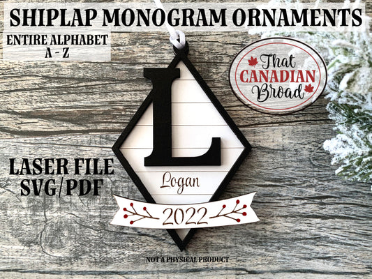 Shiplap Monogram Ornaments Diamond Shaped, A-Z, layered laser file, SVG & PDF formats, digital file only
