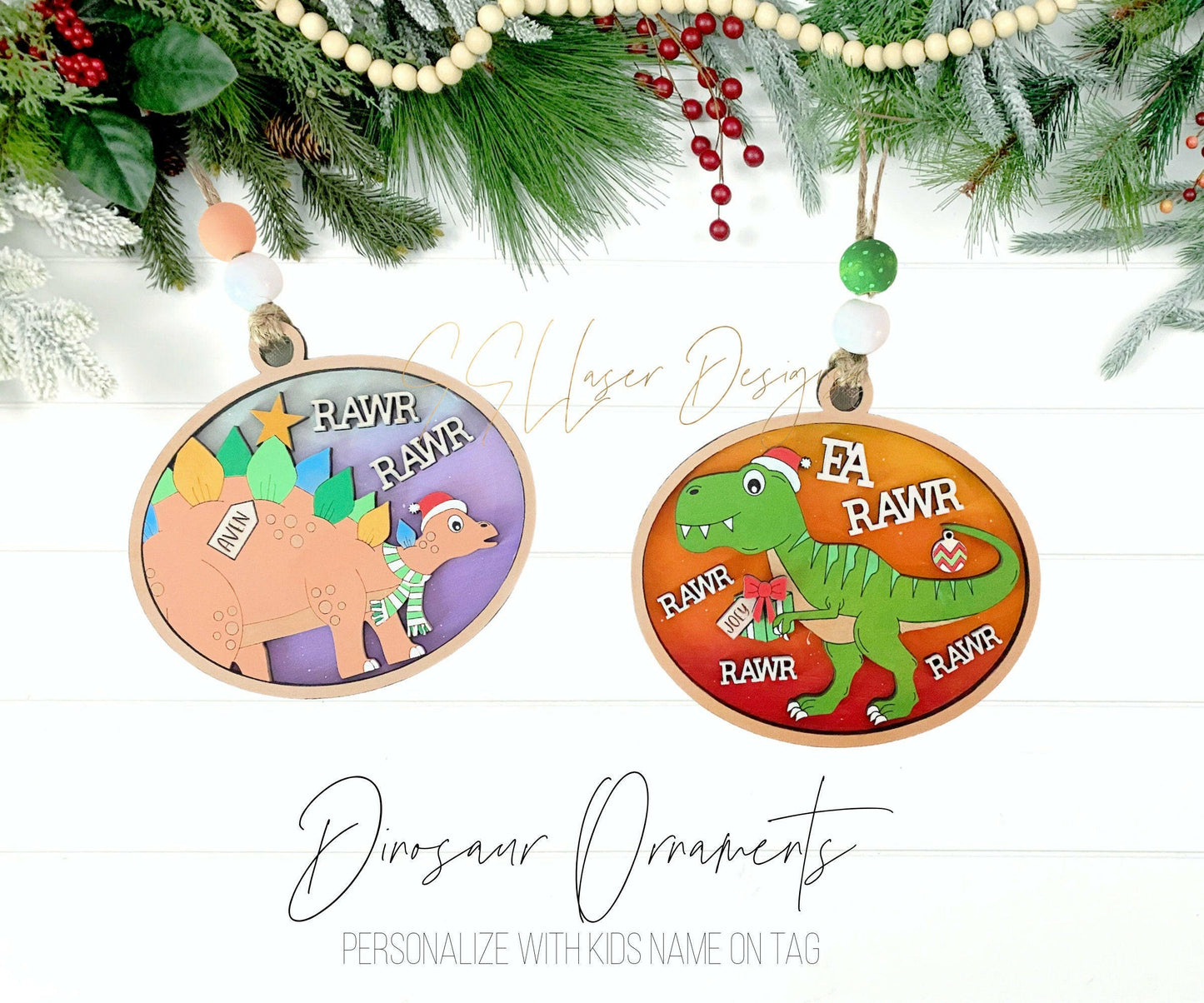 Dinosaur Christmas Ornaments SVG File, Jurassic Dinosaur Ornaments SVG Laser File, Dinosaur Kids Ornaments SVG Cut FIle, Kids Ornaments
